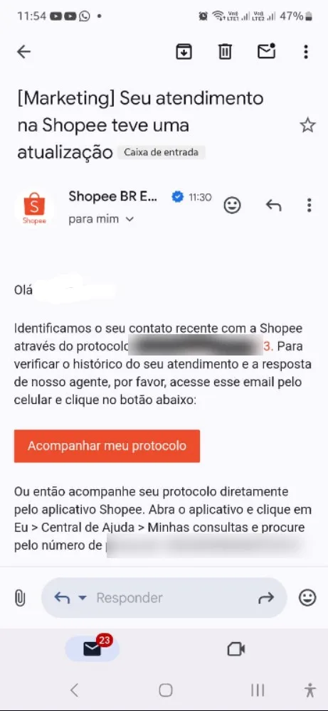 E-mail da Shopee com o botão Acompanhar meu protocolo