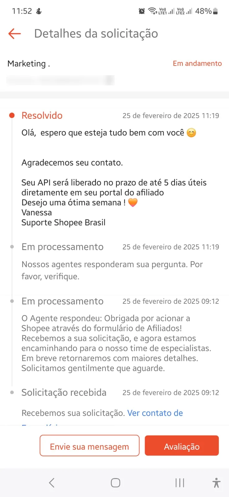 Detalhes da solicitação no app da Shopee: API será liberada em até 5 dias úteis
