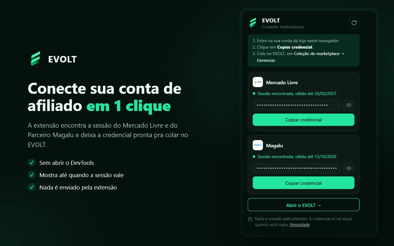 Janela da extensão com as credenciais do Mercado Livre e da Magalu prontas pra copiar