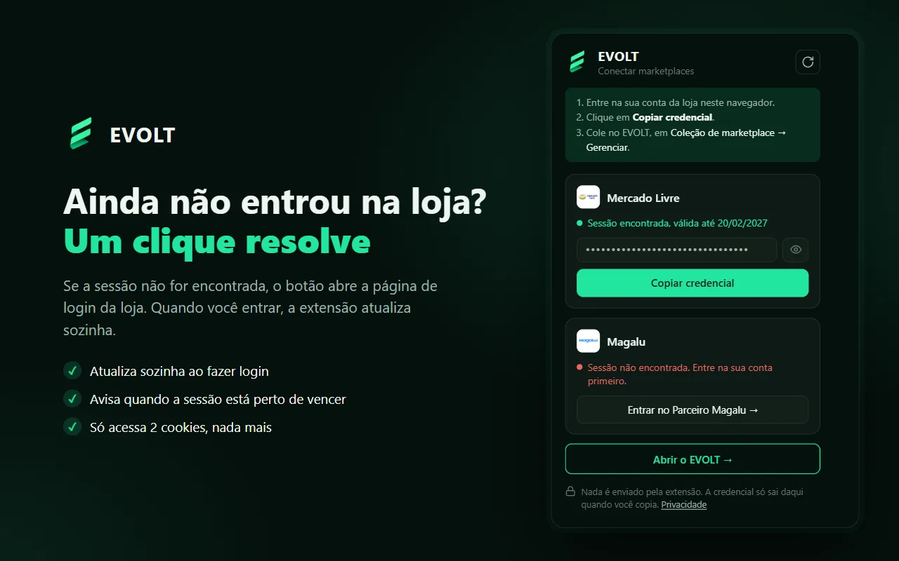Extensão mostrando sessão encontrada no Mercado Livre e botão de login na Magalu